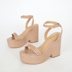 Lulus Nude Crocodile Embossed Platform Wedge Sandal